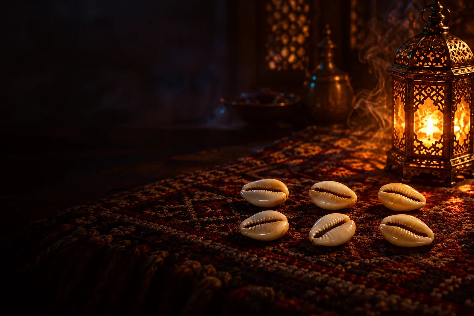 Cowrie shells and a lantern on a traditional woven carpet