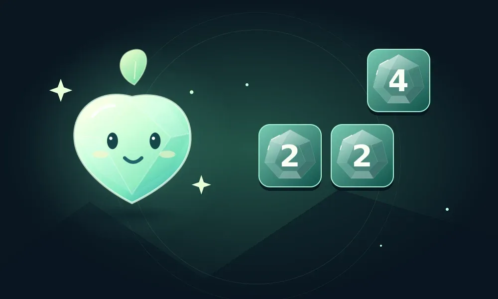 Pip, a glowing crystal spirit, beside matching numbered crystals