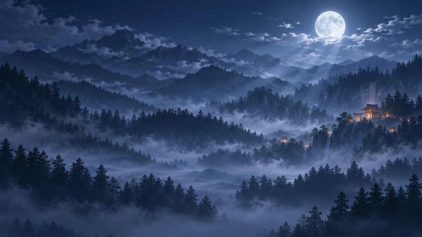 A moonlit mountain forest and glowing ninja temple