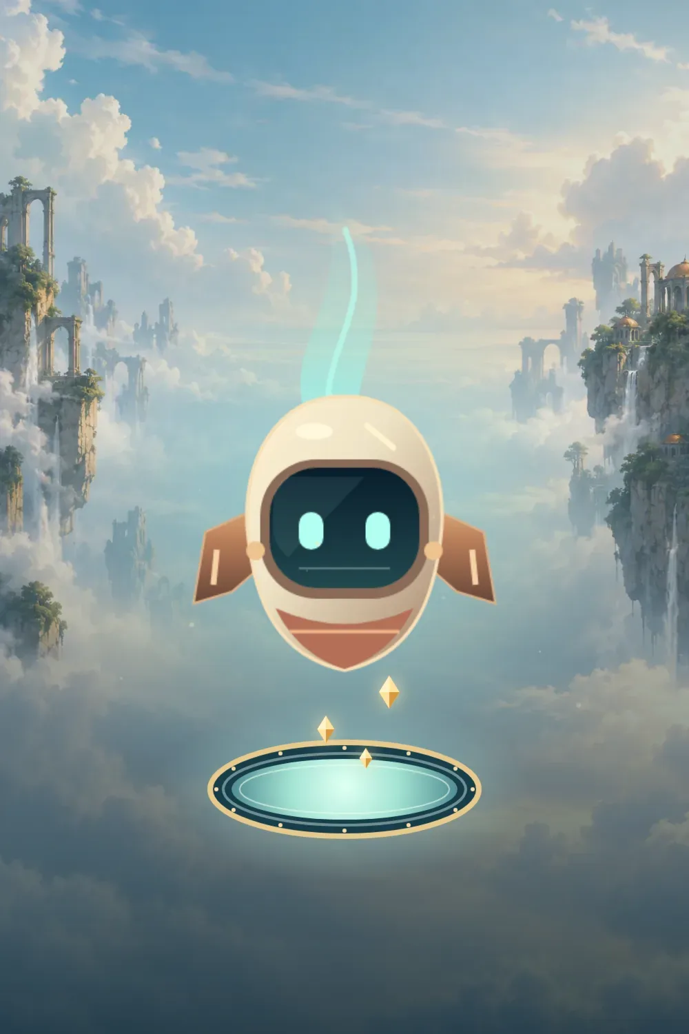 Nova, a ceramic-and-copper courier, descends through sunlit sky ruins toward a glowing beacon.