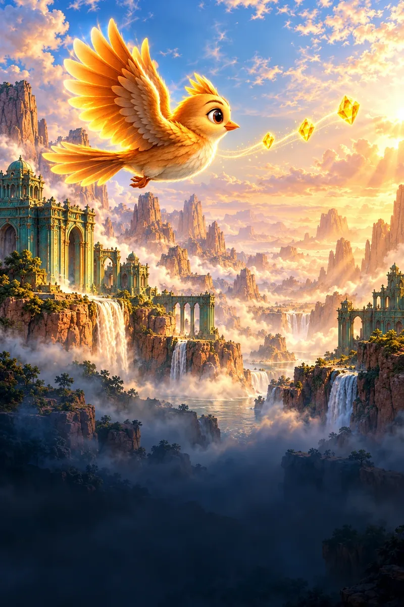 Golden bird flying over ancient canyons