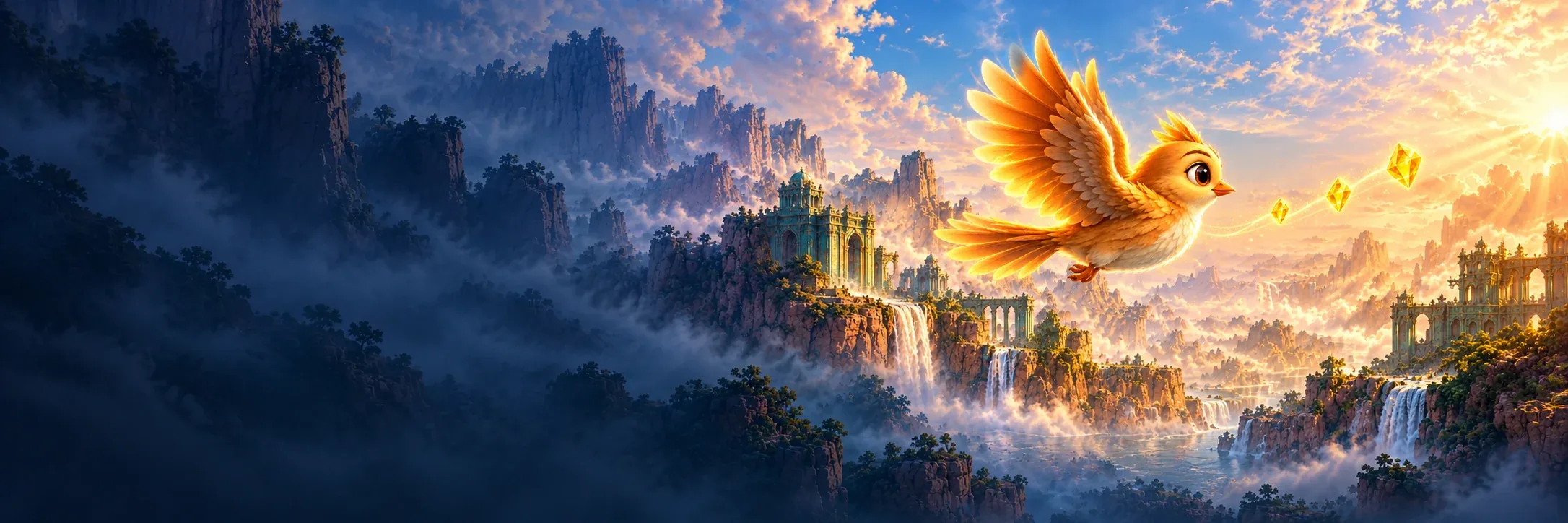 Golden bird flying over ancient canyons