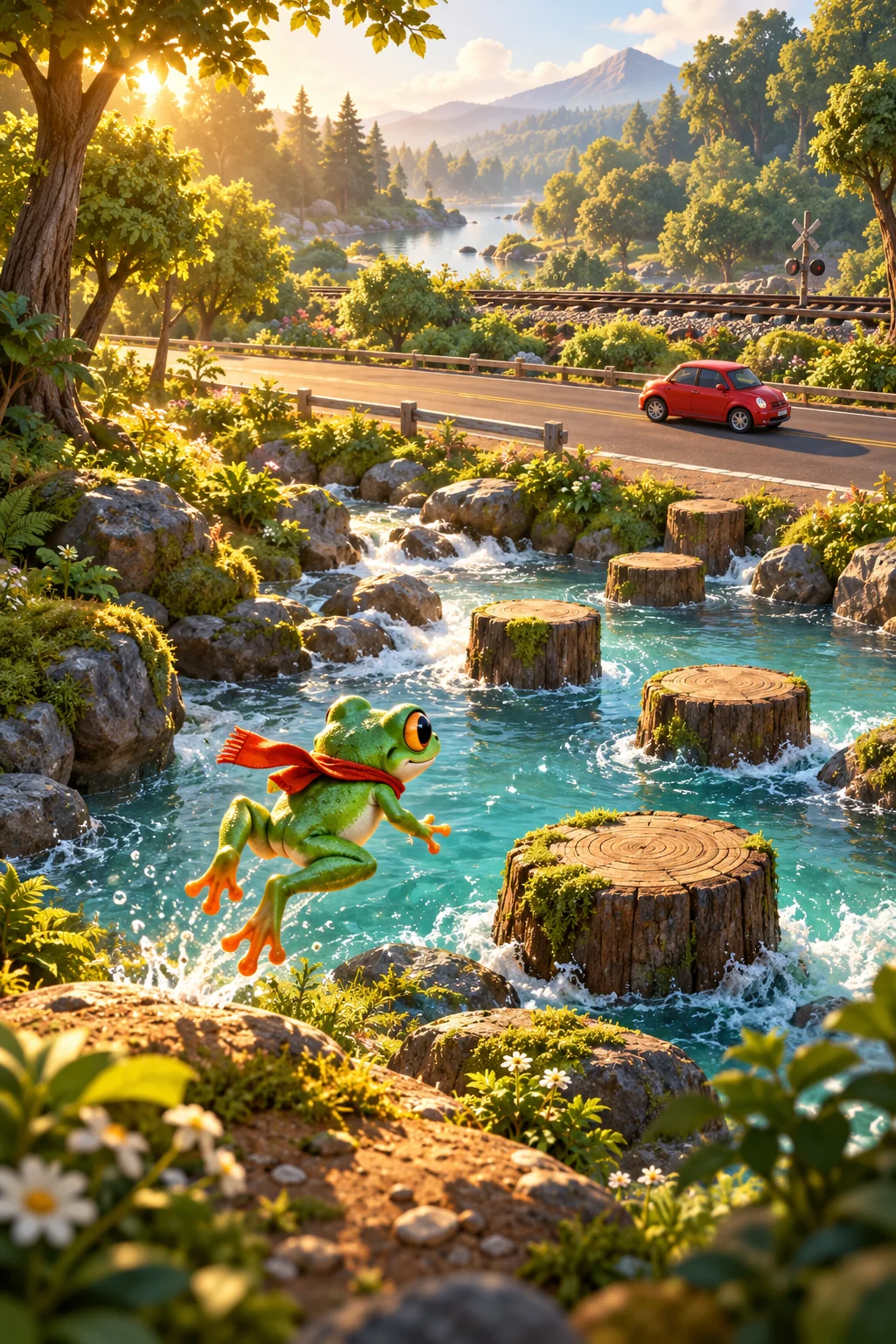 A green frog with an orange scarf hops across a forest river